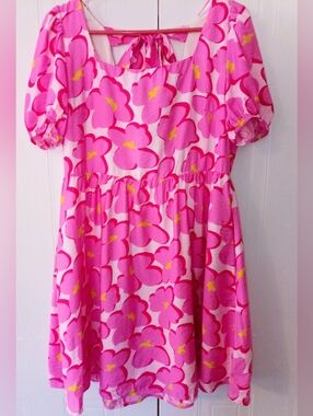 Pink Floral Babydoll Dress XL Puff Sleeve Tie Back Cottagecore Barbiecore